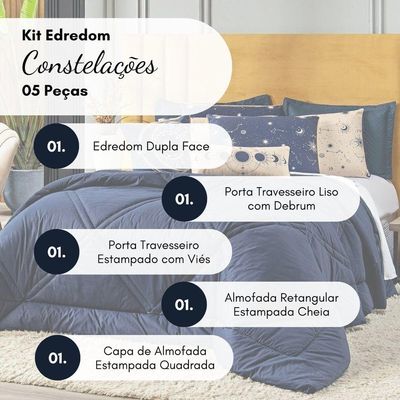 Kit Edredom Solteiro Constelações Azul Marinho C/Almofadas 5 Peças 300 Fios 100% Algodão