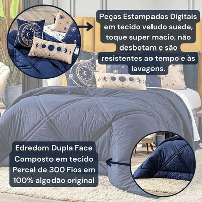 Kit Edredom Solteiro Constelações Azul Marinho C/Almofadas 5 Peças 300 Fios 100% Algodão