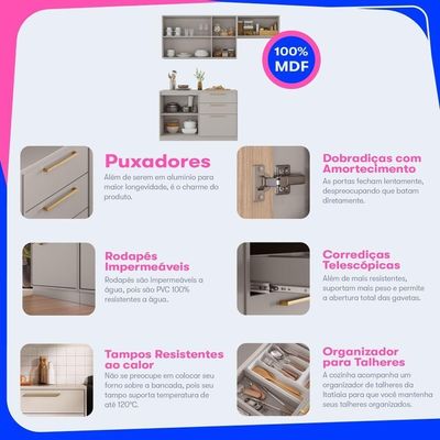 Armário De Cozinha Itatiaia Compacta 200cm Essence Fendi E Gris