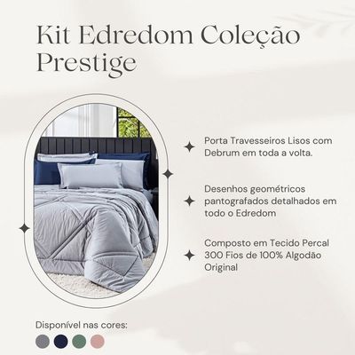 Kit Edredom Queen Prestige Dupla Face C/Fronha 3 Peças Tecido Percal 300 Fios 100% Algodão Cor Cinza
