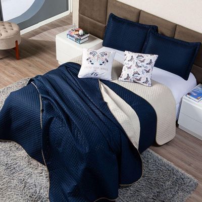 Kit Cobre Leito Colcha Queen Azul Marinho/caqui Dupla Face Com Almofadas Estampadas 05 Peças