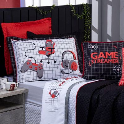 Kit Cobre Leito Colcha Casal Vermelho Dupla Face Com Almofadas Estampadas 07 Peças