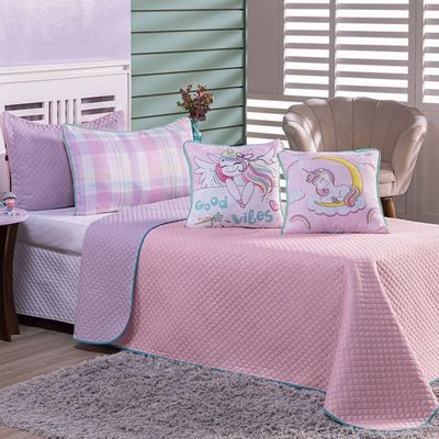 Kit Cobre Leito Colcha Solteiro Unicórnio Lilás/rosa Dupla Face Com Almofadas Estampadas 5 Peças