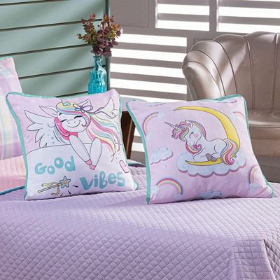 Kit Cobre Leito Colcha Solteiro Unicórnio Lilás/rosa Dupla Face Com Almofadas Estampadas 5 Peças
