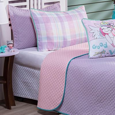 Kit Cobre Leito Colcha Solteiro Unicórnio Lilás/rosa Dupla Face Com Almofadas Estampadas 5 Peças