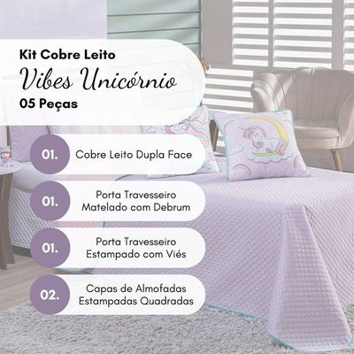 Kit Cobre Leito Colcha Solteiro Unicórnio Lilás/rosa Dupla Face Com Almofadas Estampadas 5 Peças