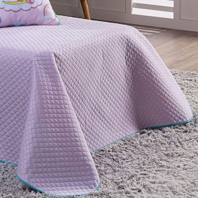 Kit Cobre Leito Colcha Solteiro Unicórnio Lilás/rosa Dupla Face Com Almofadas Estampadas 5 Peças