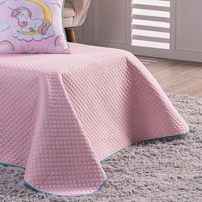 Kit Cobre Leito Colcha Solteiro Unicórnio Lilás/rosa Dupla Face Com Almofadas Estampadas 5 Peças