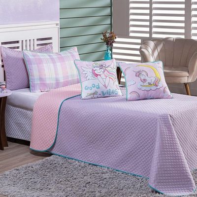 Kit Cobre Leito Colcha Solteiro Unicórnio Lilás/rosa Dupla Face Com Almofadas Estampadas 5 Peças