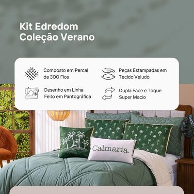 Kit Edredom Solteiro Com Almofadas Estampadas 05 Peças - Dupla Face Percal 300 Fios Cor Coqueiro