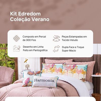 Kit Edredom Casal Padrão Verano Com Almofadas Estampadas 07 Peças - Dupla Face Percal 300 Fios
