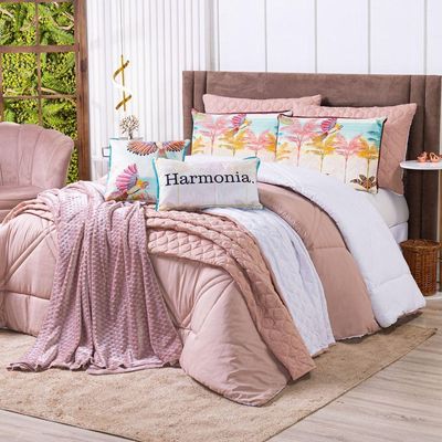 Kit Edredom Casal Padrão Verano Com Almofadas Estampadas 07 Peças - Dupla Face Percal 300 Fios