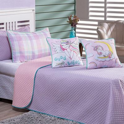 Kit Cobre Leito Colcha Solteiro Unicórnio Lilás/rosa Dupla Face Com Almofadas Estampadas 5 Peças