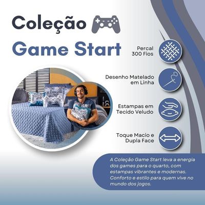 Kit Cobre Leito Colcha Solteiro Azul C/ Almofadas Estampadas 5 Peças 300 Fios Matelado