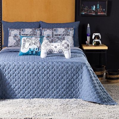 Kit Cobre Leito Colcha Solteiro Azul C/ Almofadas Estampadas 5 Peças 300 Fios Matelado