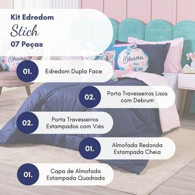 Kit Edredom Stich Azul Marinho/rosa Com Almofadas 07 Peças - Dupla Face Percal 300 Fios 100% Algodão