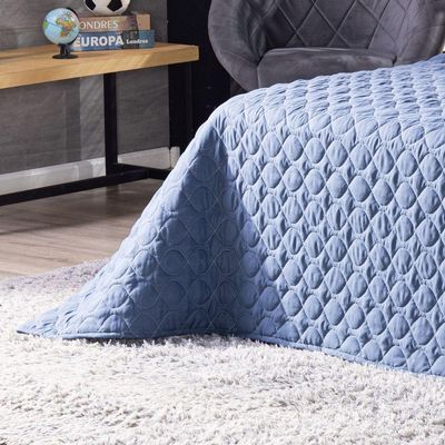 Kit Cobre Leito Colcha Solteiro Azul C/ Almofadas Estampadas 5 Peças 300 Fios Matelado