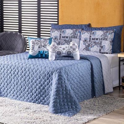 Kit Cobre Leito Colcha Solteiro Azul C/ Almofadas Estampadas 5 Peças 300 Fios Matelado