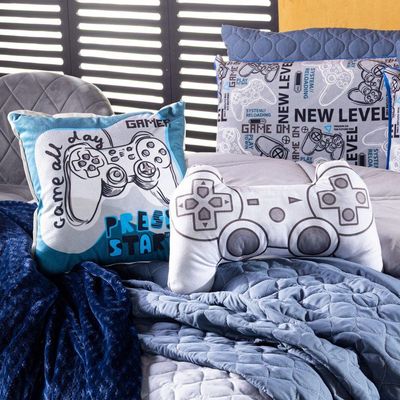 Kit Cobre Leito Colcha Solteiro Azul C/ Almofadas Estampadas 5 Peças 300 Fios Matelado