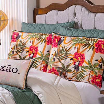 Kit Cobre Leito Colcha Queen Com Almofadas Estampadas 7 Peças Dupla Face Percal 300 Fios Matelado