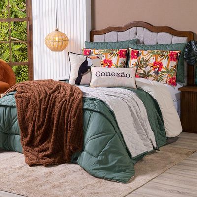 Kit Cobre Leito Colcha Queen Com Almofadas Estampadas 7 Peças Dupla Face Percal 300 Fios Matelado