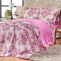 Kit Cobre Leito Colcha Queen Estampado Dupla Face Com Fronhas 03 Peças - Percal Algodão 120 Fios