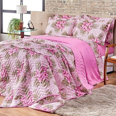 Kit Cobre Leito Colcha Queen Estampado Dupla Face Com Fronhas 03 Peças - Percal Algodão 120 Fios