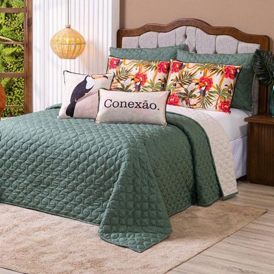 Kit Cobre Leito Colcha Queen Com Almofadas Estampadas 7 Peças Dupla Face Percal 300 Fios Matelado