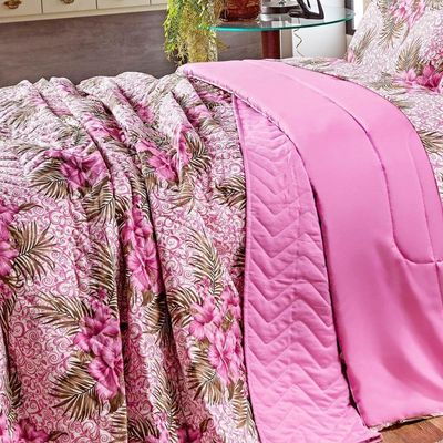 Kit Cobre Leito Colcha Queen Estampado Dupla Face Com Fronhas 03 Peças - Percal Algodão 120 Fios