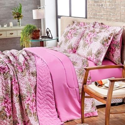 Kit Cobre Leito Colcha Queen Estampado Dupla Face Com Fronhas 03 Peças - Percal Algodão 120 Fios