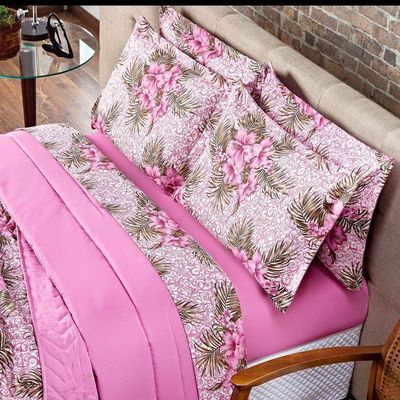 Kit Cobre Leito Colcha Queen Estampado Dupla Face Com Fronhas 03 Peças - Percal Algodão 120 Fios