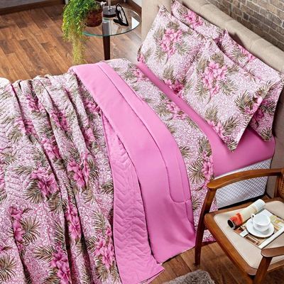 Kit Cobre Leito Colcha Queen Estampado Dupla Face Com Fronhas 03 Peças - Percal Algodão 120 Fios