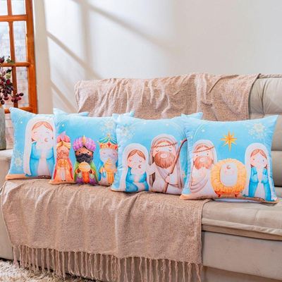 Kit Com 4 Capas De Almofadas Estampadas Natalinas 45cm X 45cm - Azul