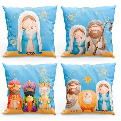 Kit Com 4 Capas De Almofadas Estampadas Natalinas 45cm X 45cm - Azul