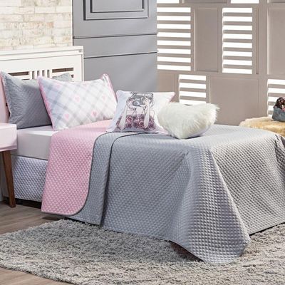 Kit Cobre Leito Colcha Solteiro Influencer Cinza/rosa Dupla Face Com Almofadas 05 Peças
