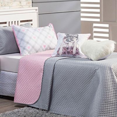 Kit Cobre Leito Colcha Solteiro Influencer Cinza/rosa Dupla Face Com Almofadas 05 Peças