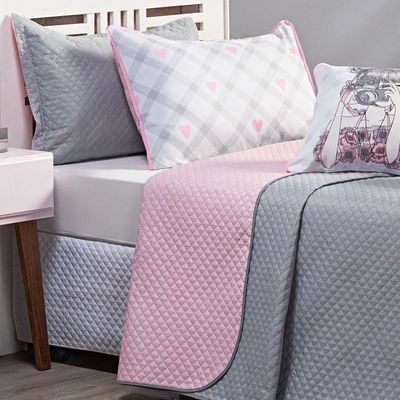 Kit Cobre Leito Colcha Solteiro Influencer Cinza/rosa Dupla Face Com Almofadas 05 Peças