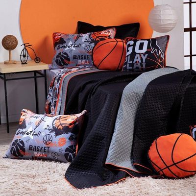 Kit Cobre Leito Colcha Solteiro Basquete Preto/cinza Dupla Face Com Almofadas Estampadas 05 Peças