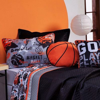 Kit Cobre Leito Colcha Solteiro Basquete Preto/cinza Dupla Face Com Almofadas Estampadas 05 Peças