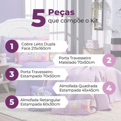 Kit Cobre Leito Colcha Solteiro Gatinhos Rosa/lilás Dupla Face Com Almofadas Estampadas 05 Peças