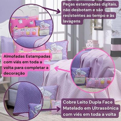Kit Cobre Leito Colcha Solteiro Gatinhos Rosa/lilás Dupla Face Com Almofadas Estampadas 05 Peças
