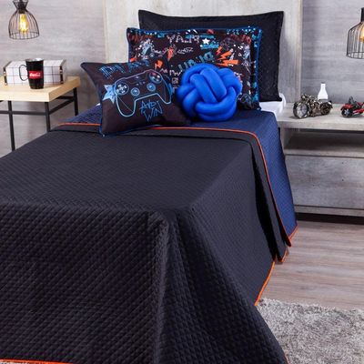 Kit Cobre Leito Colcha Solteiro Game Win Preto/azul Marinho Dupla Face Com Almofadas 05 Peças