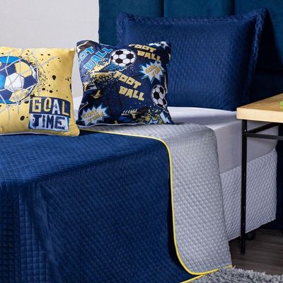 Kit Cobre Leito Colcha Casal Azul Marinho/cinza Dupla Face Com Almofadas Estampadas 05 Peças