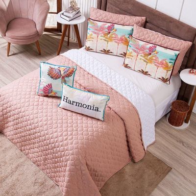 Kit Cobre Leito Colcha Queen C/ Almofadas Estampadas 07 Peças Dupla Face Percal 300 Fios Matelado