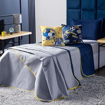 Kit Cobre Leito Colcha Casal Azul Marinho/cinza Dupla Face Com Almofadas Estampadas 05 Peças