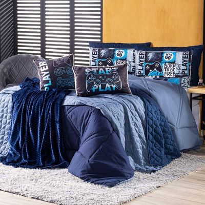 Kit Edredom Casal Padrão Azul Marinho Com Almofadas Estampadas 07 Peças - Dupla Face Percal 300 Fios