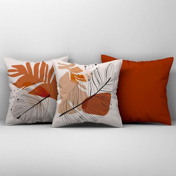Kit Trio Capas De Almofadas Estampadas Em Veludo Suede 45cm X 45cm - Cor Terracota