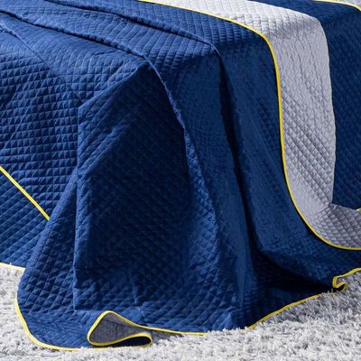 Kit Cobre Leito Colcha Solteiro Goal Azul Marinho/cinza Dupla Face C/ Almofadas Estampadas 4 Peças
