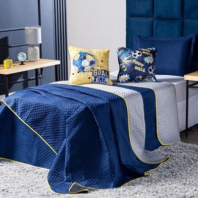 Kit Cobre Leito Colcha Solteiro Goal Azul Marinho/cinza Dupla Face C/ Almofadas Estampadas 4 Peças