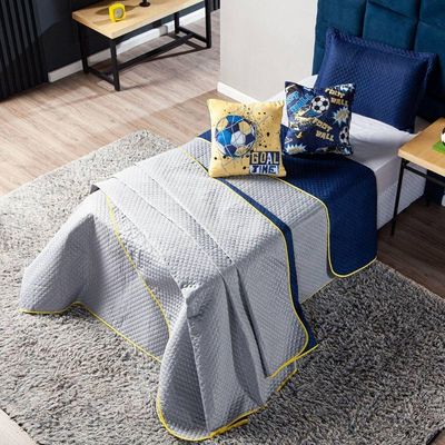 Kit Cobre Leito Colcha Solteiro Goal Azul Marinho/cinza Dupla Face C/ Almofadas Estampadas 4 Peças